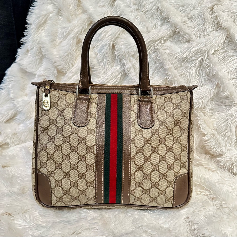 Authentic Gucci Ophidia Monogram Supreme Web Boston Tote Bag
